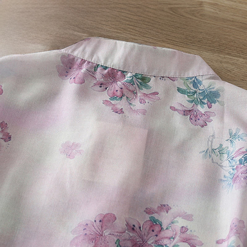 Buddha Stones Camicia da donna in cotone a maniche lunghe con stampa floreale viola autunnale e foglie verdi, bottoni a rana e colletto rialzato - image 4