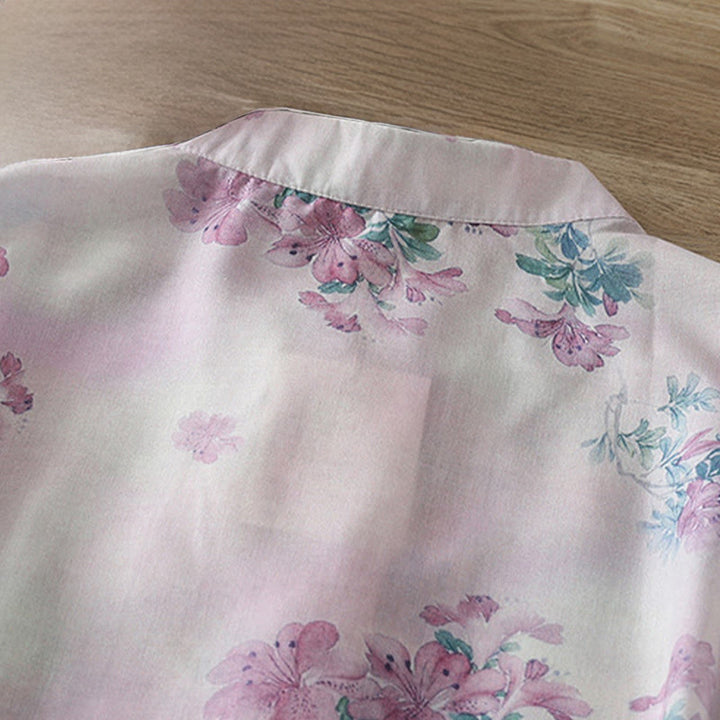 Buddha Stones Camicia da donna in cotone a maniche lunghe con stampa floreale viola autunnale e foglie verdi, bottoni a rana e colletto rialzato - image 4