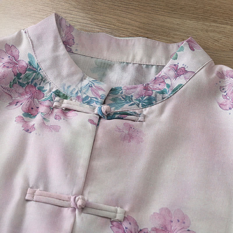 Buddha Stones Camicia da donna in cotone a maniche lunghe con stampa floreale viola autunnale e foglie verdi, bottoni a rana e colletto rialzato - image 3