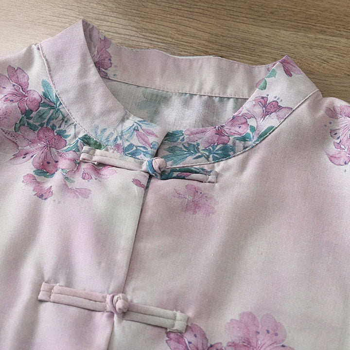 Buddha Stones Camicia da donna in cotone a maniche lunghe con stampa floreale viola autunnale e foglie verdi, bottoni a rana e colletto rialzato - image 3
