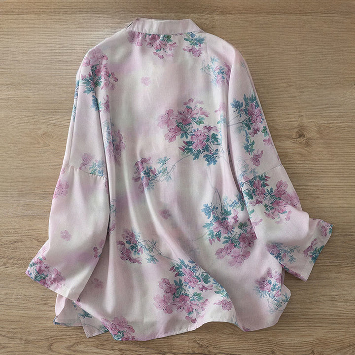 Buddha Stones Camicia da donna in cotone a maniche lunghe con stampa floreale viola autunnale e foglie verdi, bottoni a rana e colletto rialzato - image 1