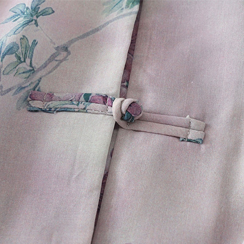 Buddha Stones Camicia da donna in cotone a maniche lunghe con stampa floreale viola autunnale e foglie verdi, bottoni a rana e colletto rialzato - image 5