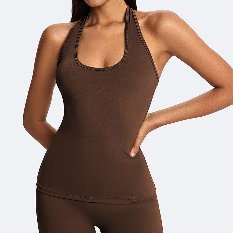 Buddha Stones Top senza maniche senza spalline con scollo all'americana e schiena scoperta, pantaloni a gamba dritta per sport, fitness e yoga - SaddleBrown (solo parte superiore) - US14, UK/AU18, EU46 (2XL) - image 1