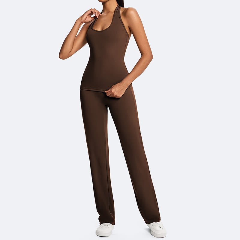 Buddha Stones Top senza maniche senza spalline con scollo all'americana e schiena scoperta, pantaloni a gamba dritta per sport, fitness e yoga - image 0