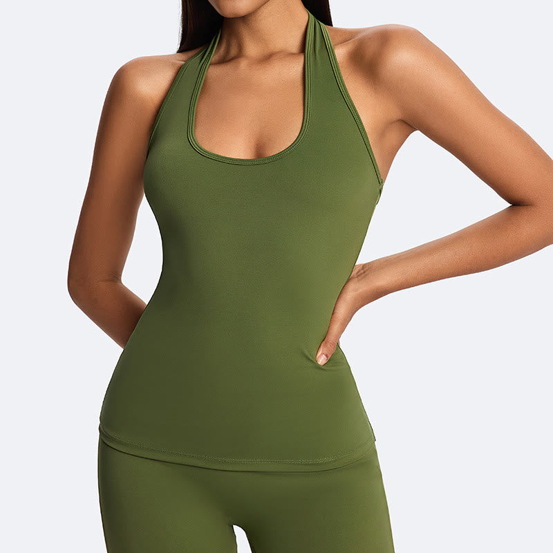 Buddha Stones Top senza maniche senza spalline con scollo all'americana e schiena scoperta, pantaloni a gamba dritta per sport, fitness e yoga - OliveDrab (solo la parte superiore) - US14, UK/AU18, EU46 (2XL) - image 7