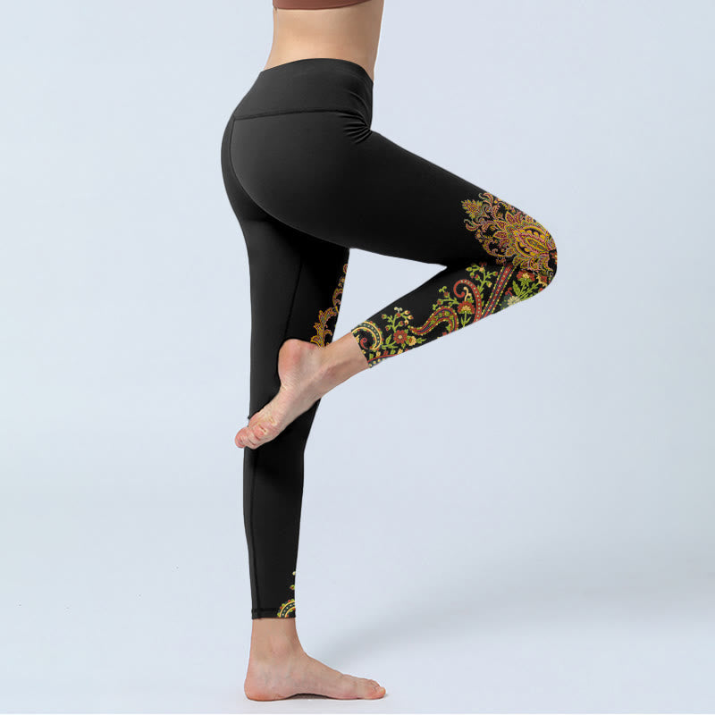 Buddha Stones Leggings da palestra con stampa floreale Paisley multicolore, pantaloni da yoga da donna - image 3