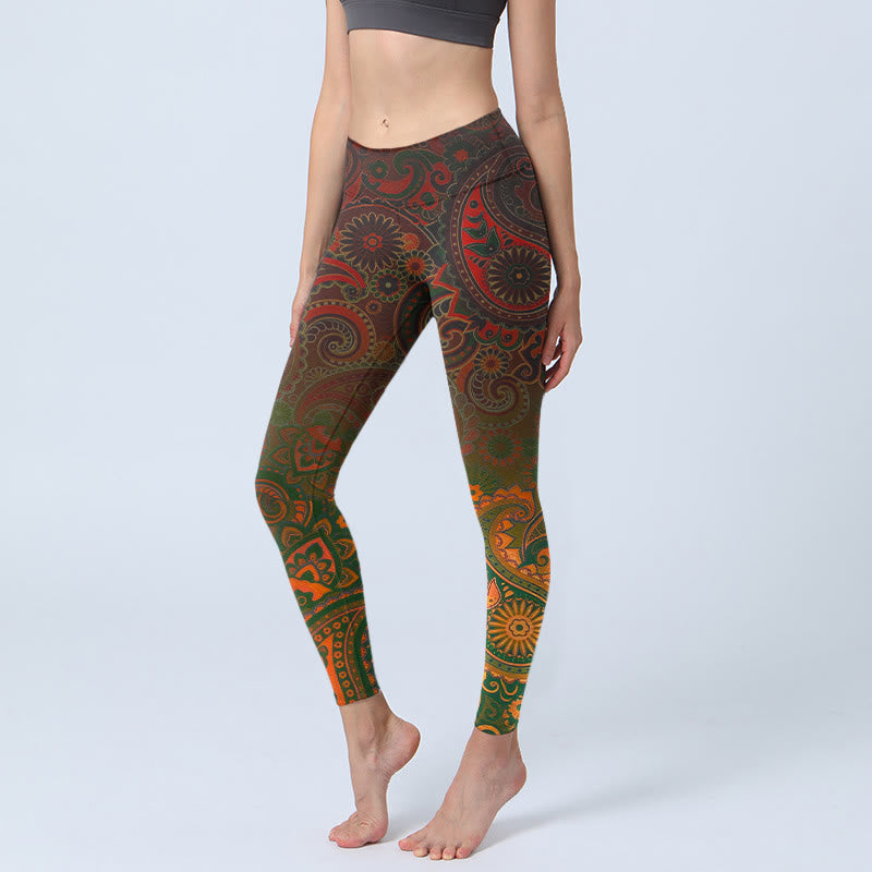 Buddha Stones Leggings da palestra con stampa paisley e fiori di anacardi, pantaloni da yoga da donna - Marrone sella - US18, UK/AU22, EU50 (4XL) - image 0