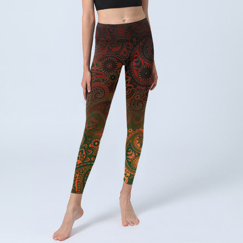 Buddha Stones Leggings da palestra con stampa paisley e fiori di anacardi, pantaloni da yoga da donna - image 5