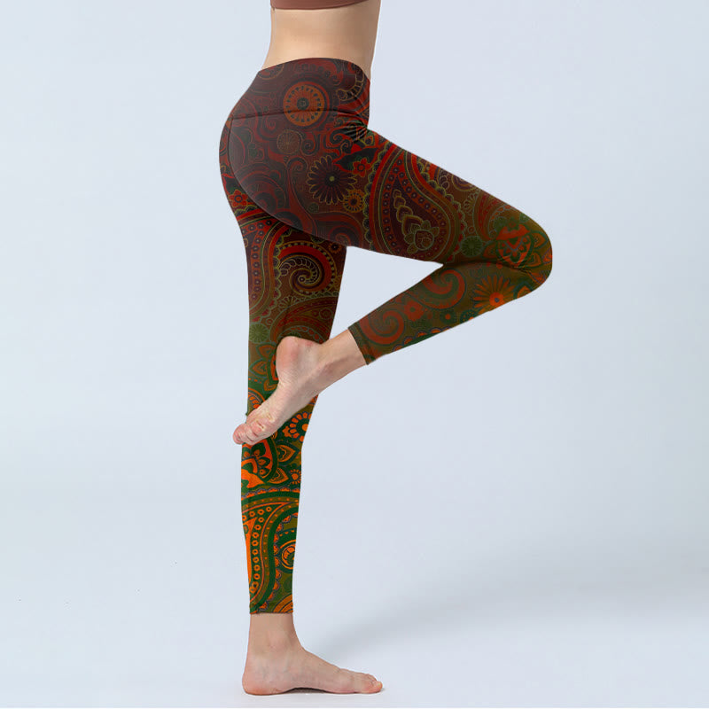 Buddha Stones Leggings da palestra con stampa paisley e fiori di anacardi, pantaloni da yoga da donna - image 3