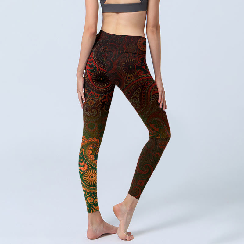 Buddha Stones Leggings da palestra con stampa paisley e fiori di anacardi, pantaloni da yoga da donna - image 4