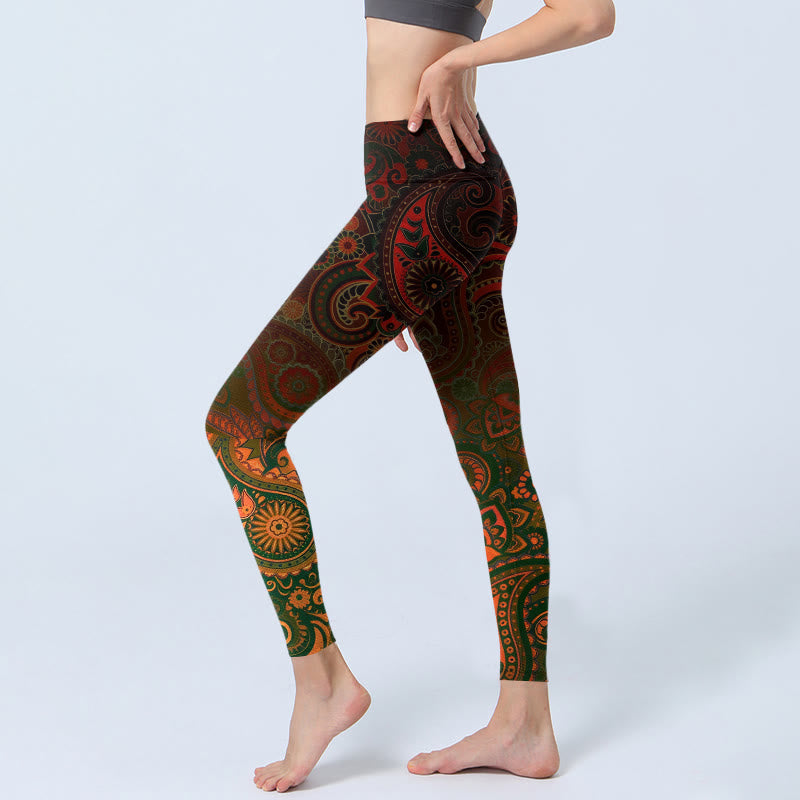 Buddha Stones Leggings da palestra con stampa paisley e fiori di anacardi, pantaloni da yoga da donna - image 2