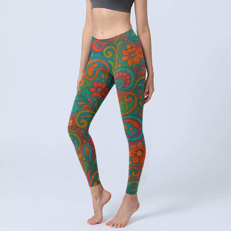 Buddha Stones Leggings da palestra con stampa paisley e fiori vorticosi e vivaci, pantaloni da yoga da donna - Acquamarina media - US18, UK/AU22, EU50 (4XL) - image 0