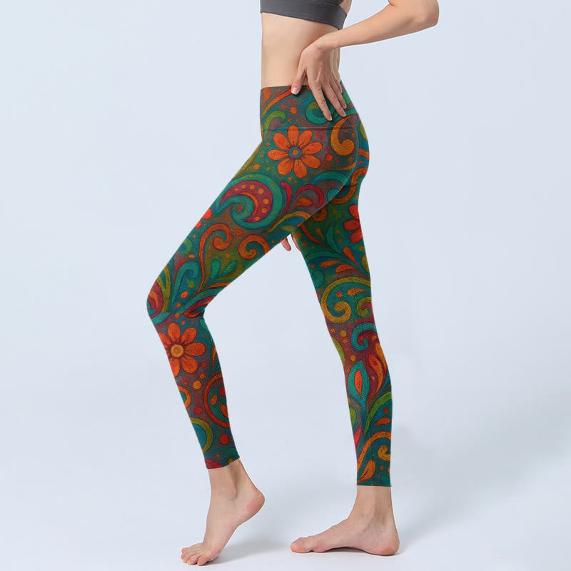 Buddha Stones Leggings da palestra con stampa paisley e fiori vorticosi e vivaci, pantaloni da yoga da donna - image 2