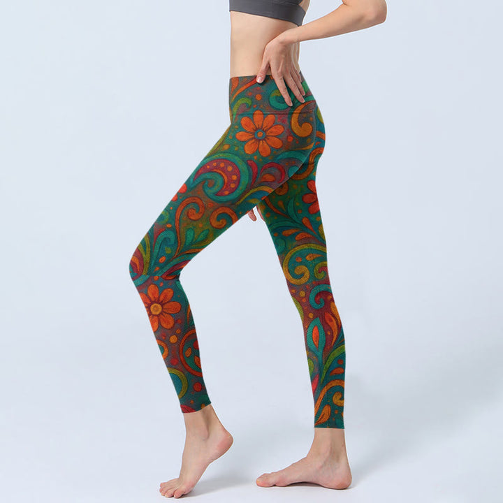 Buddha Stones Leggings da palestra con stampa paisley e fiori vorticosi e vivaci, pantaloni da yoga da donna - image 2