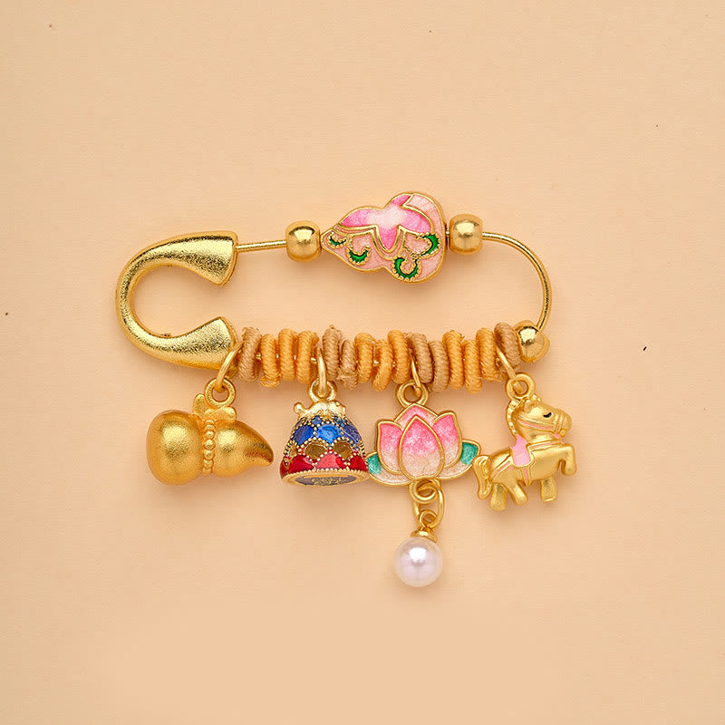 Buddha Stones Spilla portafortuna con fibbia della pace e manico Ruyi, simbolo dell'anno del cavallo Fu, loto, attrae fortuna - Cavallo di zucca di loto - image 5