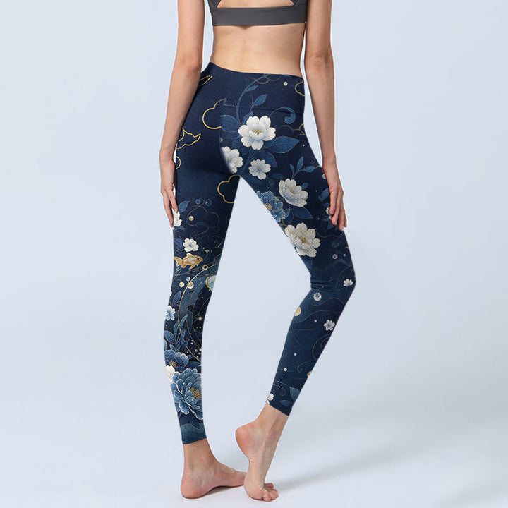 Buddha Stones Leggings da palestra con stampa di pesci koi e fiori di peonia blu e bianchi, pantaloni da yoga da donna - image 4