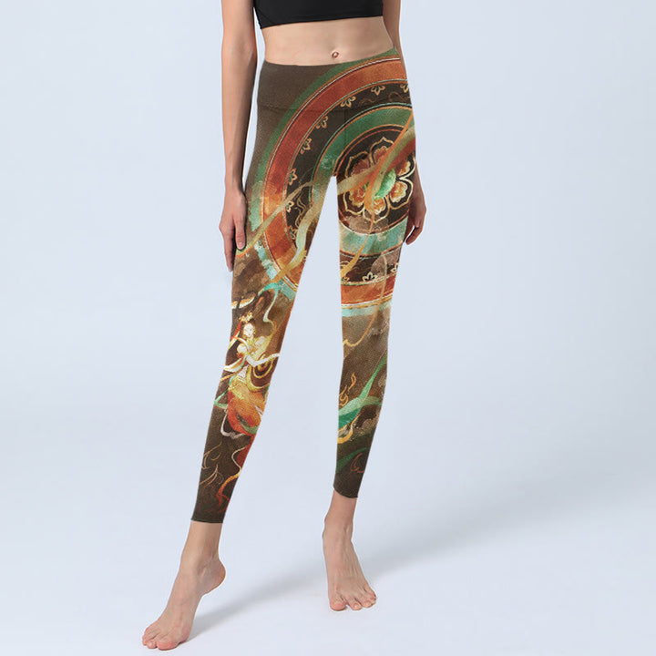 Buddha Stones Leggings da palestra con stampa mandala e motivo Flying Apsaras di Dunhuang, pantaloni da yoga da donna - image 5