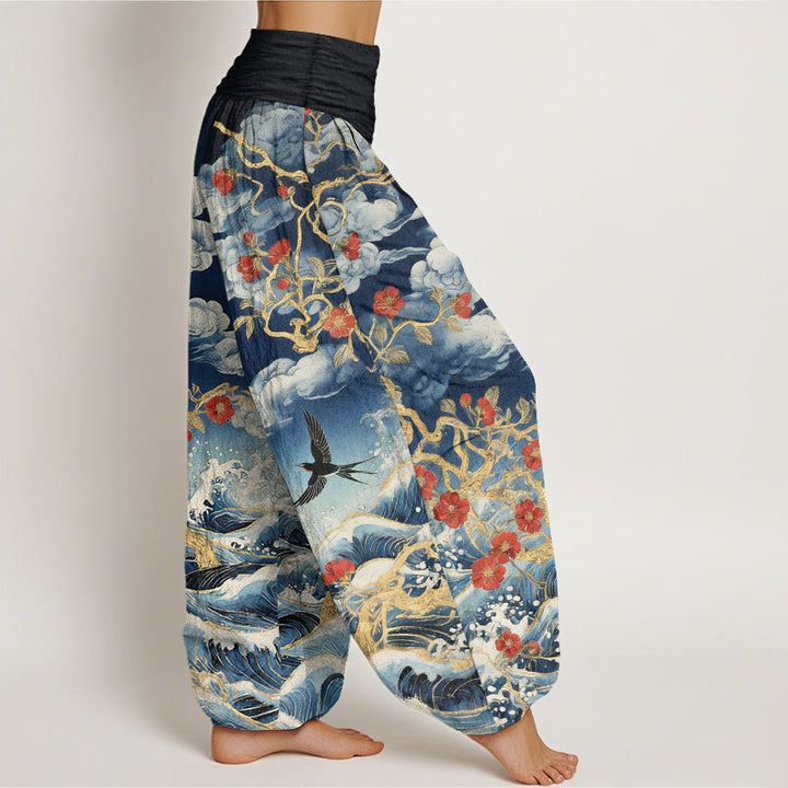 Buddha Stones Pantaloni harem da donna in puro cotone con elastico in vita, nuvole di buon auspicio, fiori rossi, rondini e onde dell'oceano - image 2