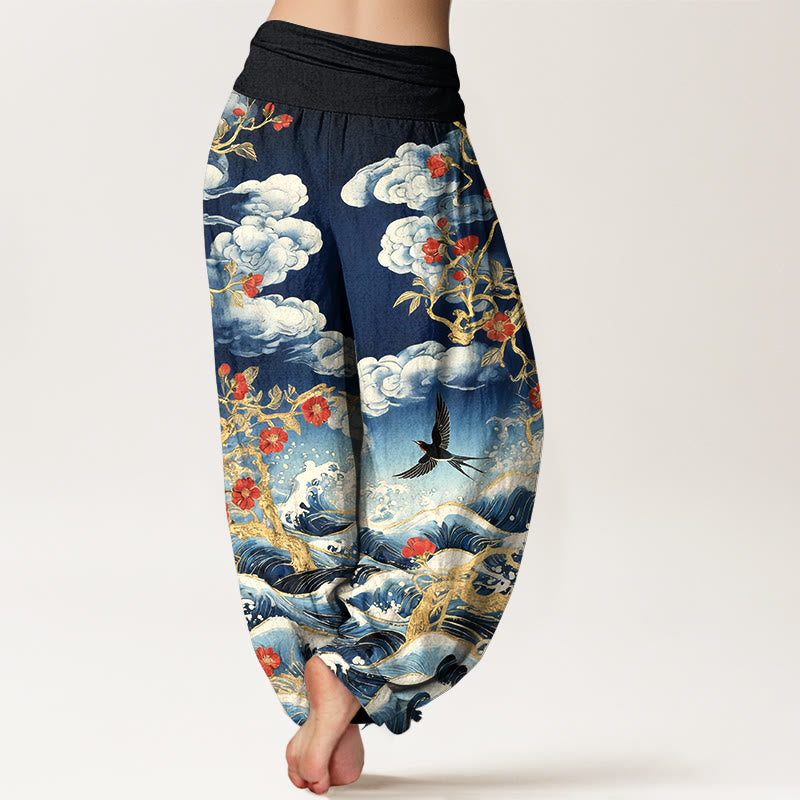 Buddha Stones Pantaloni harem da donna in puro cotone con elastico in vita, nuvole di buon auspicio, fiori rossi, rondini e onde dell'oceano - image 1