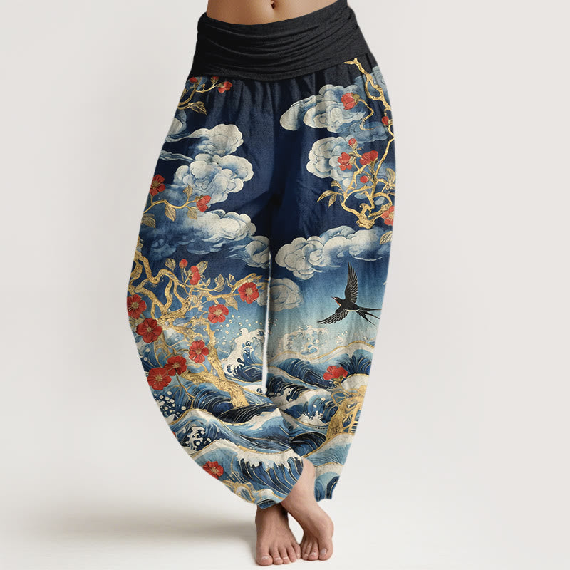 Buddha Stones Pantaloni harem da donna in puro cotone con elastico in vita, nuvole di buon auspicio, fiori rossi, rondini e onde dell'oceano - SteelBlue - US16, UK/AU20, EU48 (3XL) - image 0