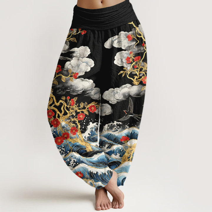 Buddha Stones Pantaloni harem da donna in puro cotone con elastico in vita, nuvole di buon auspicio, fiori rossi, rondini e onde dell'oceano - Nero - US16, UK/AU20, EU48 (3XL) - image 5