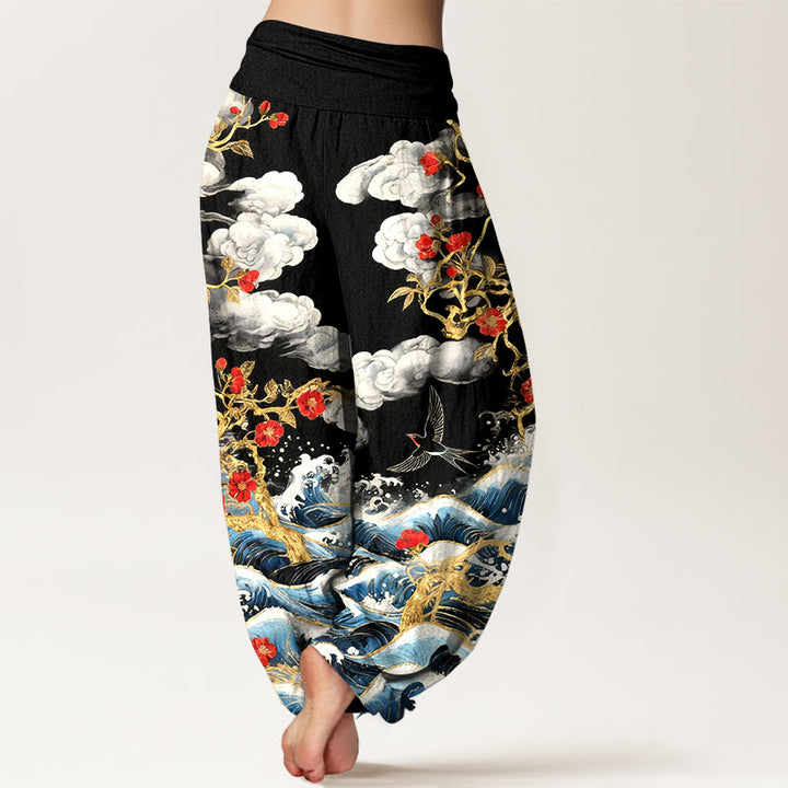 Buddha Stones Pantaloni harem da donna in puro cotone con elastico in vita, nuvole di buon auspicio, fiori rossi, rondini e onde dell'oceano - image 6