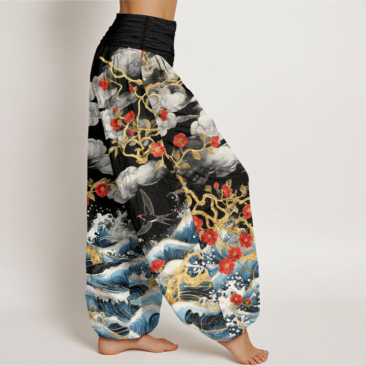 Buddha Stones Pantaloni harem da donna in puro cotone con elastico in vita, nuvole di buon auspicio, fiori rossi, rondini e onde dell'oceano - image 7