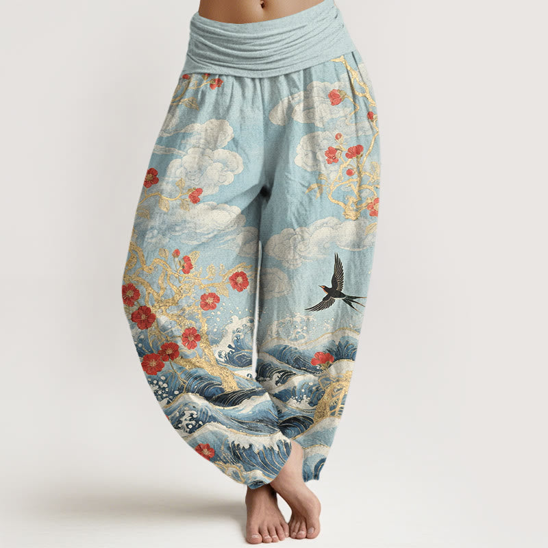Buddha Stones Pantaloni harem da donna in puro cotone con elastico in vita, nuvole di buon auspicio, fiori rossi, rondini e onde dell'oceano - Ciano chiaro - US16, UK/AU20, EU48 (3XL) - image 8