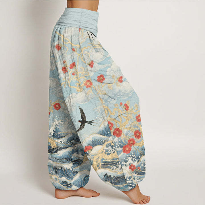 Buddha Stones Pantaloni harem da donna in puro cotone con elastico in vita, nuvole di buon auspicio, fiori rossi, rondini e onde dell'oceano - image 10