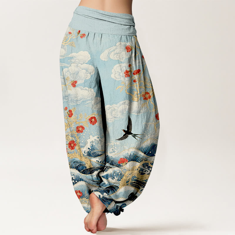 Buddha Stones Pantaloni harem da donna in puro cotone con elastico in vita, nuvole di buon auspicio, fiori rossi, rondini e onde dell'oceano - image 9