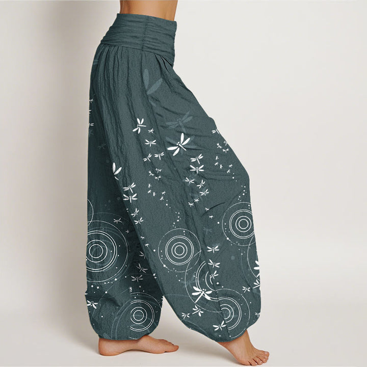Buddha Stones Pantaloni harem da donna in puro cotone con elastico in vita e linee circolari a forma di libellula - image 1