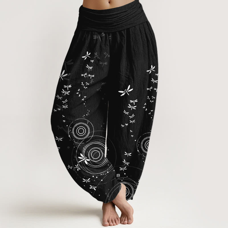 Buddha Stones Pantaloni harem da donna in puro cotone con elastico in vita e linee circolari a forma di libellula - Nero - US16, UK/AU20, EU48 (3XL) - image 8