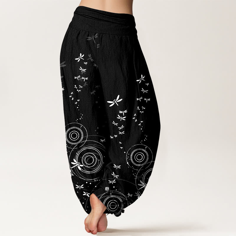 Buddha Stones Pantaloni harem da donna in puro cotone con elastico in vita e linee circolari a forma di libellula - image 9
