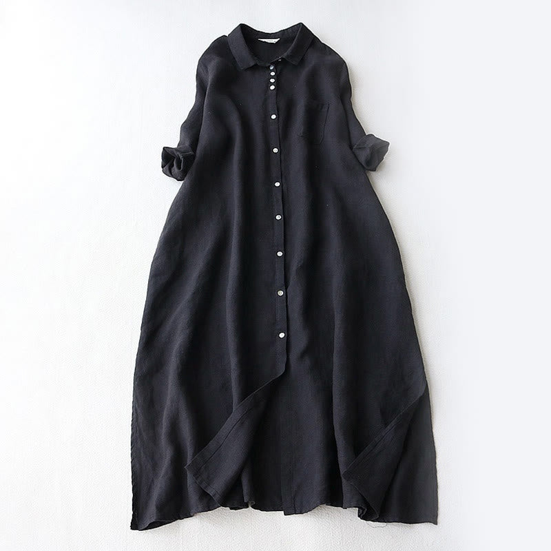 Buddha Stones Abito midi da donna con tasche, maniche a tre quarti, abbottonatura sul revers, tinta unita autunnale - Nero - US12, UK/AU16, EU44 (2XL) - image 0