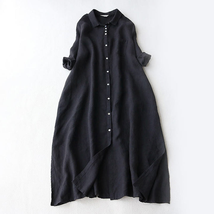 Buddha Stones Abito midi da donna con tasche, maniche a tre quarti, abbottonatura sul revers, tinta unita autunnale - Nero - US12, UK/AU16, EU44 (2XL) - image 0