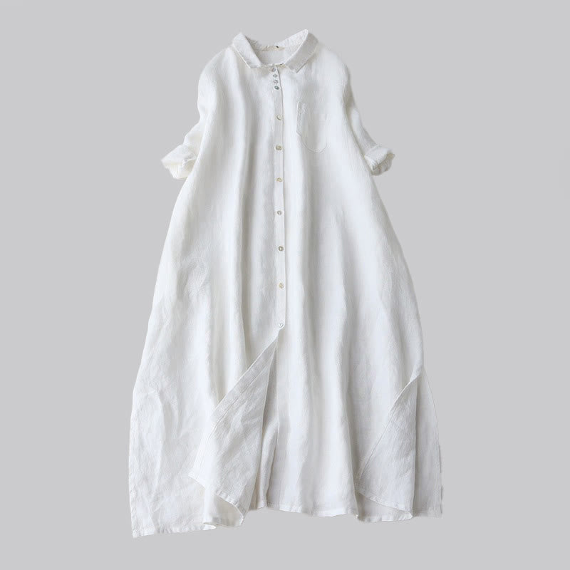 Buddha Stones Abito midi da donna con tasche, maniche a tre quarti, abbottonatura sul revers, tinta unita autunnale - Bianco - US12, UK/AU16, EU44 (2XL) - image 4
