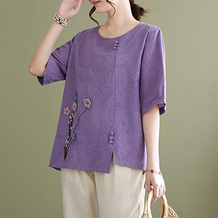 Buddha Stones Camicia da donna in cotone a maniche corte con scollo rotondo e motivo floreale tridimensionale - image 4