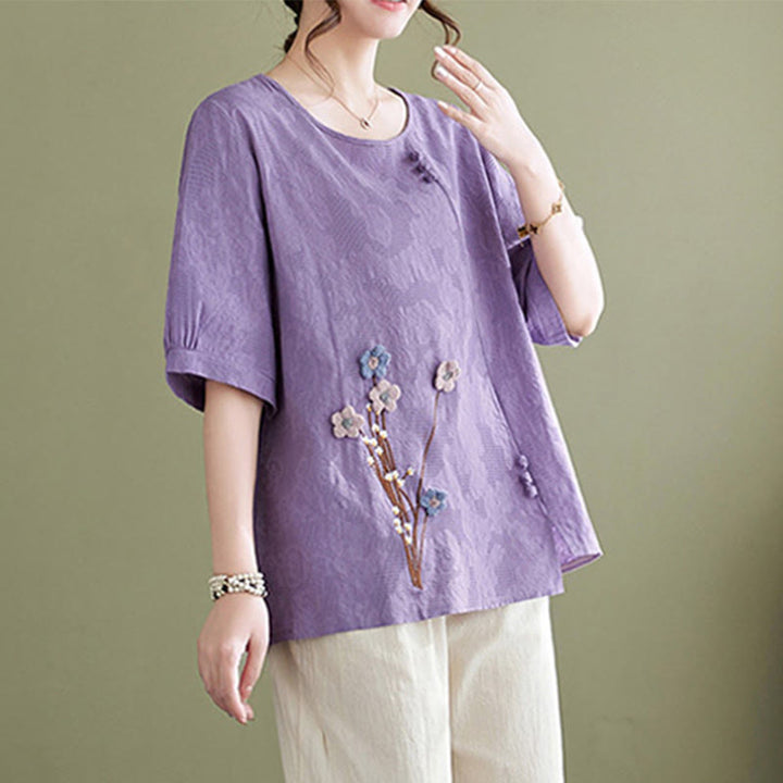 Buddha Stones Camicia da donna in cotone a maniche corte con scollo rotondo e motivo floreale tridimensionale - image 2