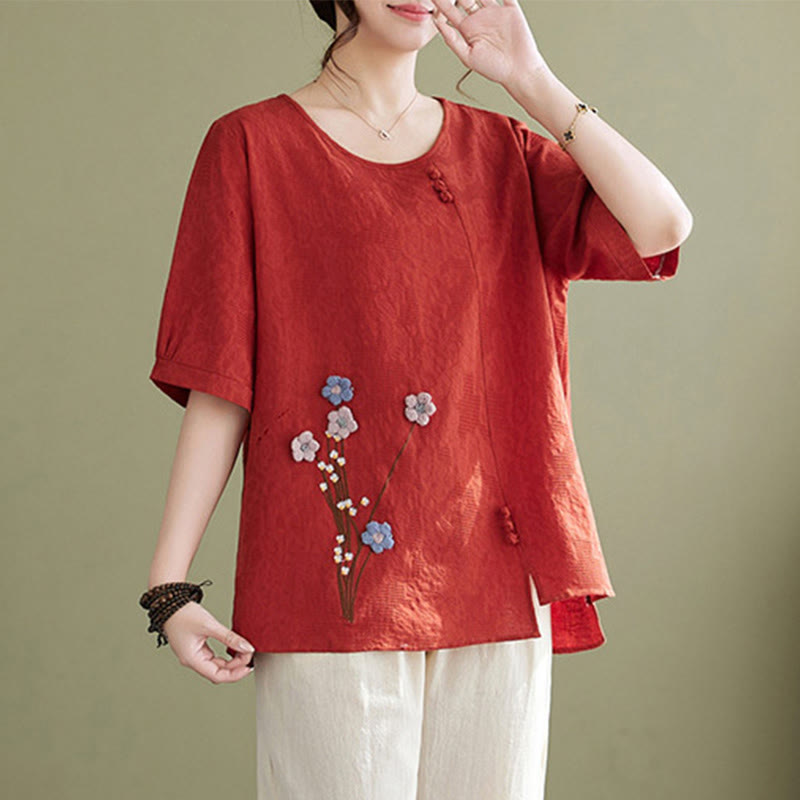 Buddha Stones Camicia da donna in cotone a maniche corte con scollo rotondo e motivo floreale tridimensionale - image 8