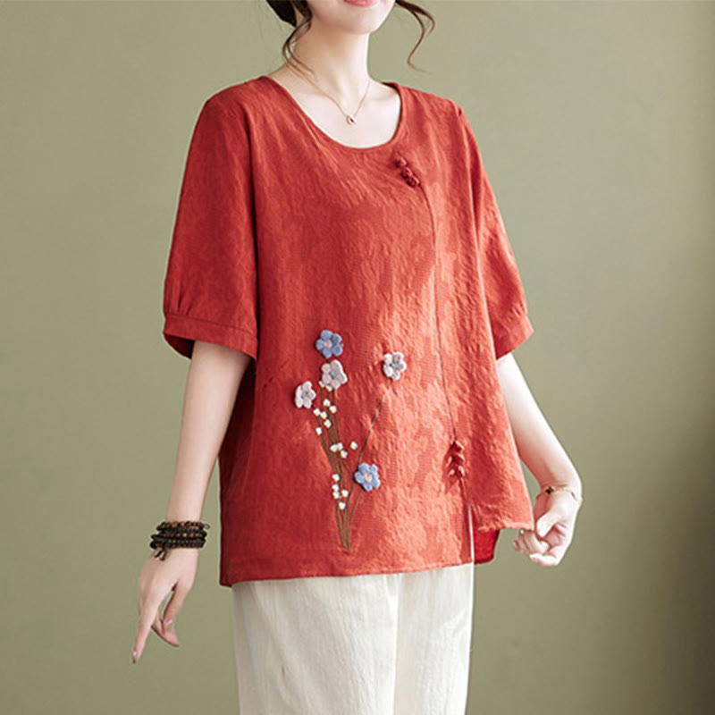 Buddha Stones Camicia da donna in cotone a maniche corte con scollo rotondo e motivo floreale tridimensionale - image 7