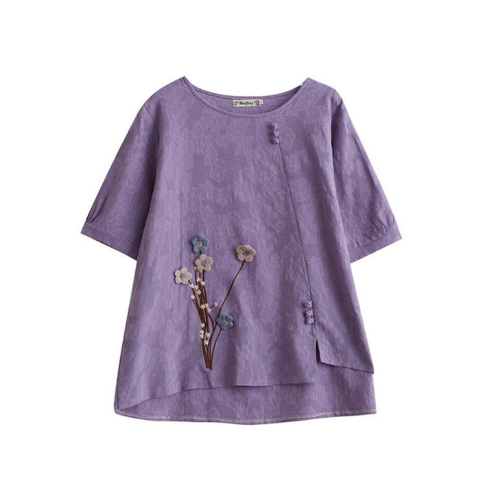 Buddha Stones Camicia da donna in cotone a maniche corte con scollo rotondo e motivo floreale tridimensionale - image 5