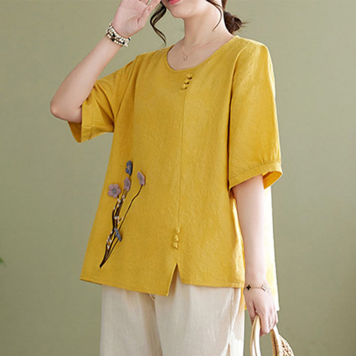 Buddha Stones Camicia da donna in cotone a maniche corte con scollo rotondo e motivo floreale tridimensionale - image 10