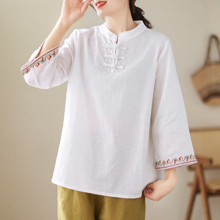 Camicia da donna in cotone con colletto rialzato, maniche a tre quarti ricamate, bottoni a rana in jacquard Buddha Stones - image 15