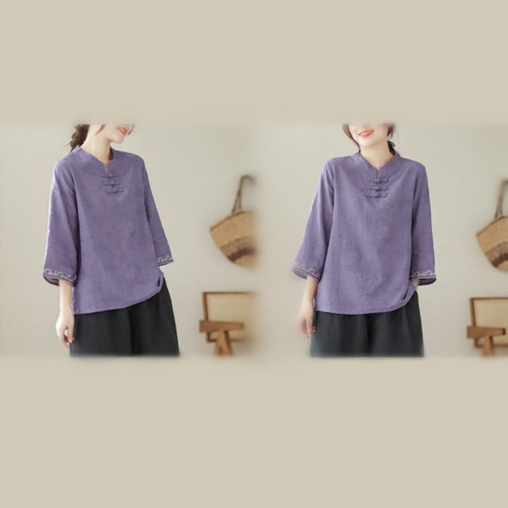 Camicia da donna in cotone con colletto rialzato, maniche a tre quarti ricamate, bottoni a rana in jacquard Buddha Stones - image 5
