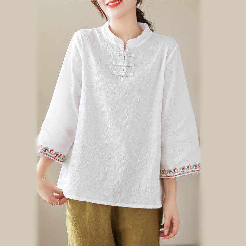 Camicia da donna in cotone con colletto rialzato, maniche a tre quarti ricamate, bottoni a rana in jacquard Buddha Stones - image 19