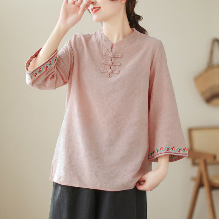 Camicia da donna in cotone con colletto rialzato, maniche a tre quarti ricamate, bottoni a rana in jacquard Buddha Stones - Rosa - US8-10, UK/AU12-14, EU40-42 (2XL) - image 25