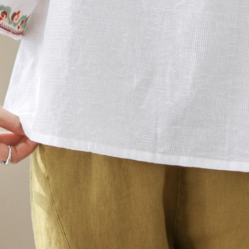 Camicia da donna in cotone con colletto rialzato, maniche a tre quarti ricamate, bottoni a rana in jacquard Buddha Stones - image 22