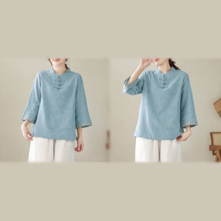 Camicia da donna in cotone con colletto rialzato, maniche a tre quarti ricamate, bottoni a rana in jacquard Buddha Stones - image 13