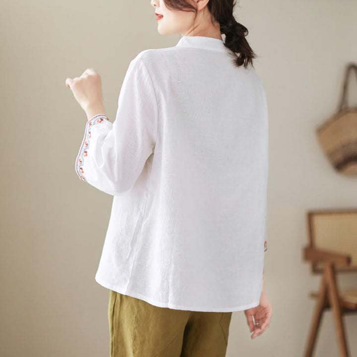 Camicia da donna in cotone con colletto rialzato, maniche a tre quarti ricamate, bottoni a rana in jacquard Buddha Stones - image 17