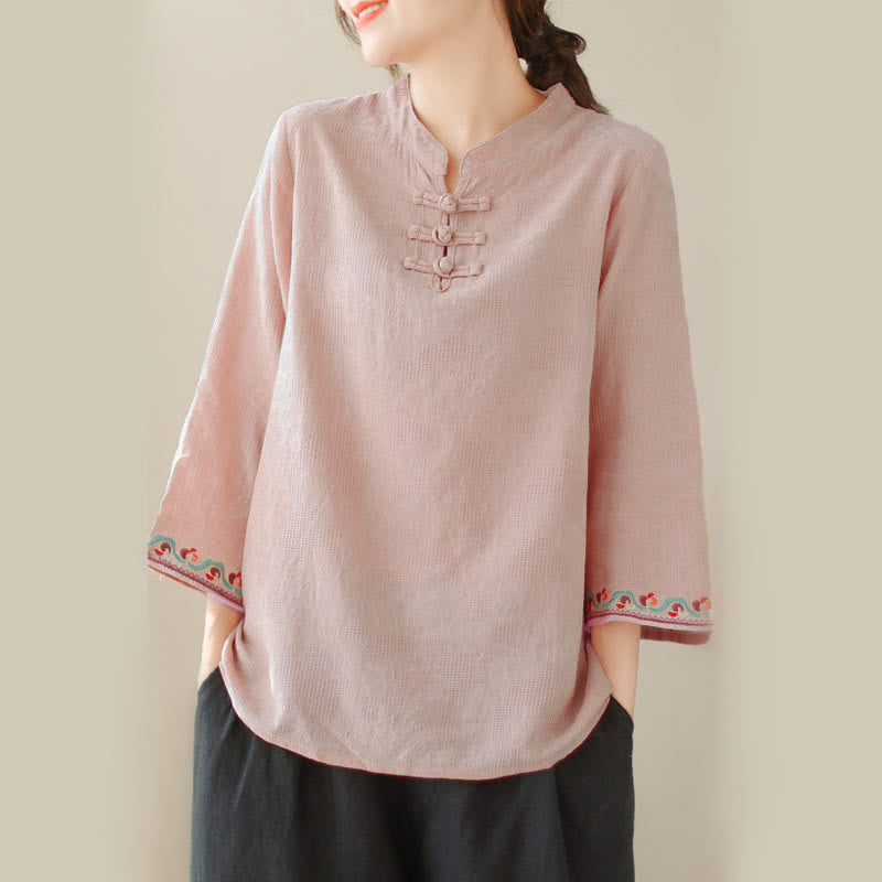 Camicia da donna in cotone con colletto rialzato, maniche a tre quarti ricamate, bottoni a rana in jacquard Buddha Stones - image 29